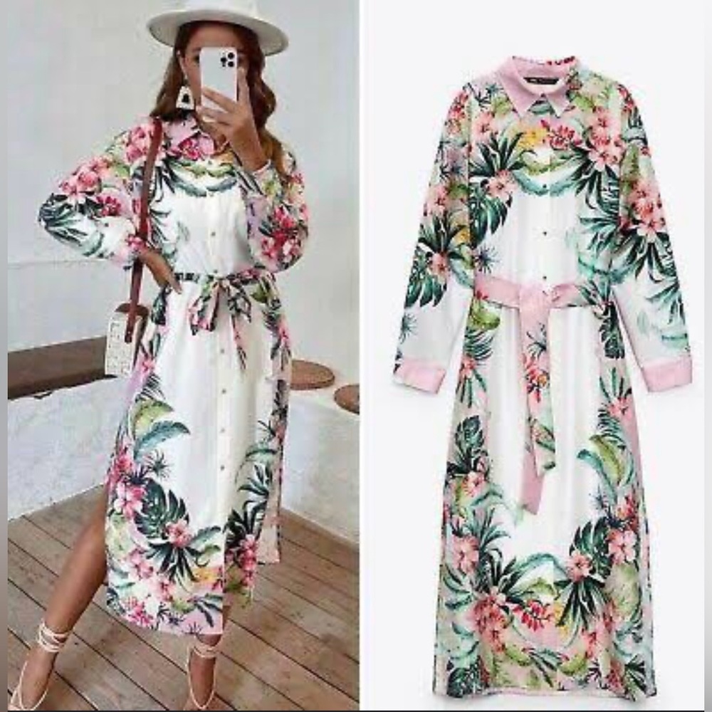 ZARA TROPICAL PRINT SATIN EFFECT BELTED BUTTON DOWN Size L